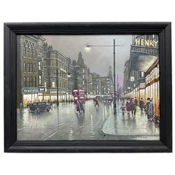 Steven Scholes (Northern British 1952-): 'Market Street Manchester 1962', oil on canvas signed 29cm x 20cm