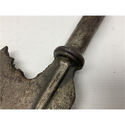 Moroccan jambiya dagger with 24.5cm plain curved blade stamped LONDON to the ricasso area, the hilt and scabbard overlaid with plain sheet brass to the back and ornate silver coloured metal to the front; waisted grip and arched pommel; two pyramid mounts to the scabbard L41cm overall; large billhook with curving blade and stacked leather washer grip; and a reproduction halberd blade (3)