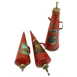 Kingsford fire extinguisher of riveted conical form, dated 1965, with painted and printed decoration, together with two Minimax conical examples dated 1966 and 1954 with gilt decoration, H approx 70cm