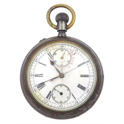 Early 20th century gun metal open face double sided chronograph speed indicator pocket watch by Mensor, white enamel dial with Roman numerals, subsidiary constant seconds and thirty minute recording dials, the signed reverse dial for speed calculation