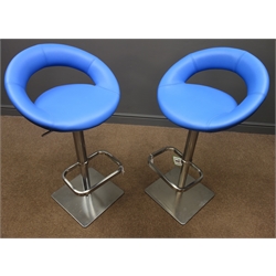  Pair of two contemporary adjustable swivel stools, upholstered in blue leather with lower back rest, brushed steel finish, W54cm, H100cm, D44cm  