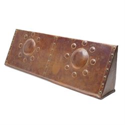 Arts & Crafts period copper fireplace hood by John Pearson, decorated with stylised roundels, signed verso, W77cm