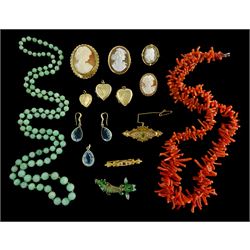 Edwardian and later jewellery including gold peridot and seed pearl brooch, three gold cameo brooches and a gold garnet and diamond brooch, all 9ct, jade bead necklace, three gilt heart locket pendants, articulated fish, coral necklace and other costume jewellery