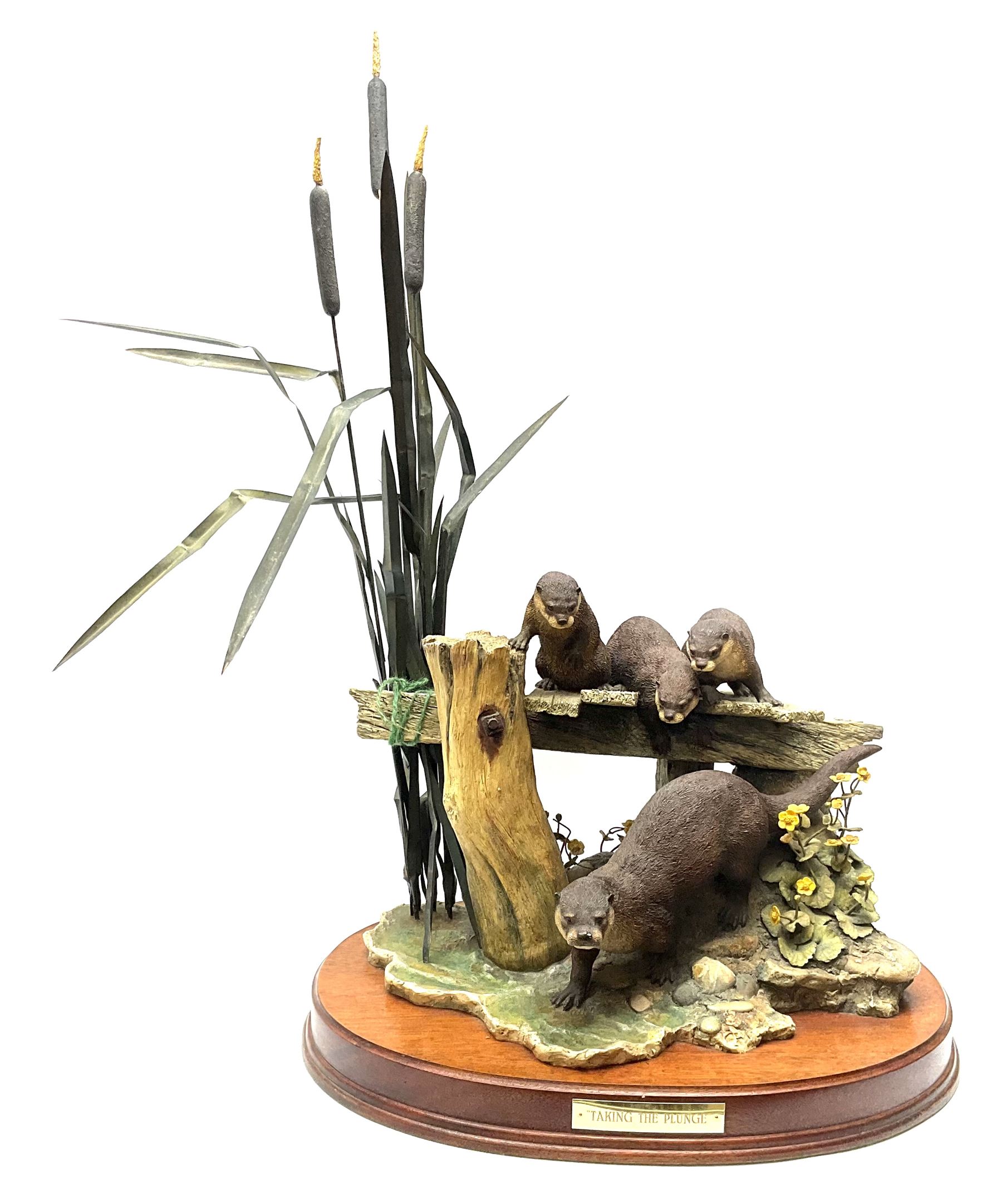 A large limited edition Border Fine Arts figure, Taking the Plunge, by Ray Ayres, depicting a family of otters, model no L143, upon wooden base, H77cm. 