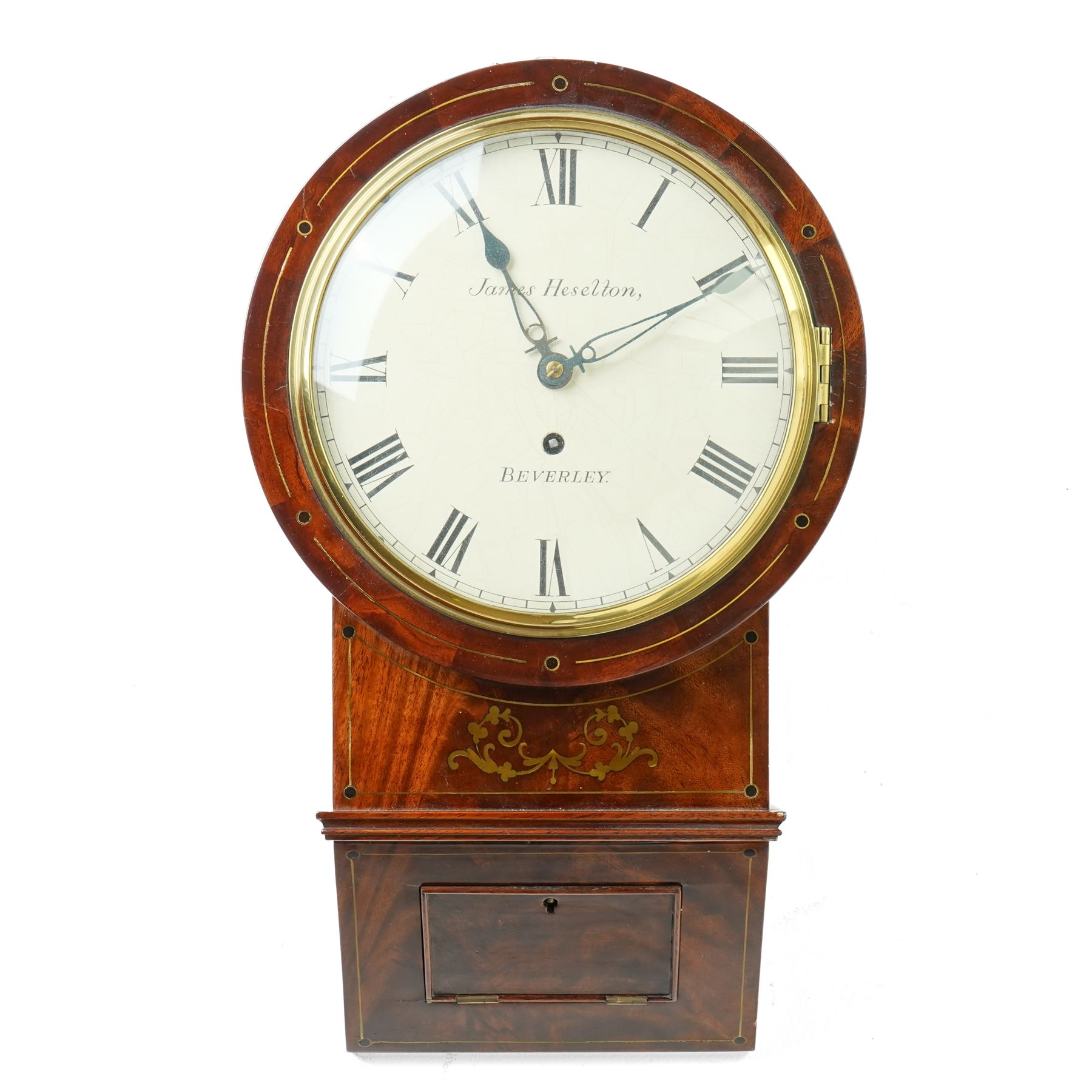 Late Regency drop dial wall clock, the white 19cm dial inscribed 'James Heselton, Beverley' with single fusee eight day movement in brass inlaid mahogany case H38cm 