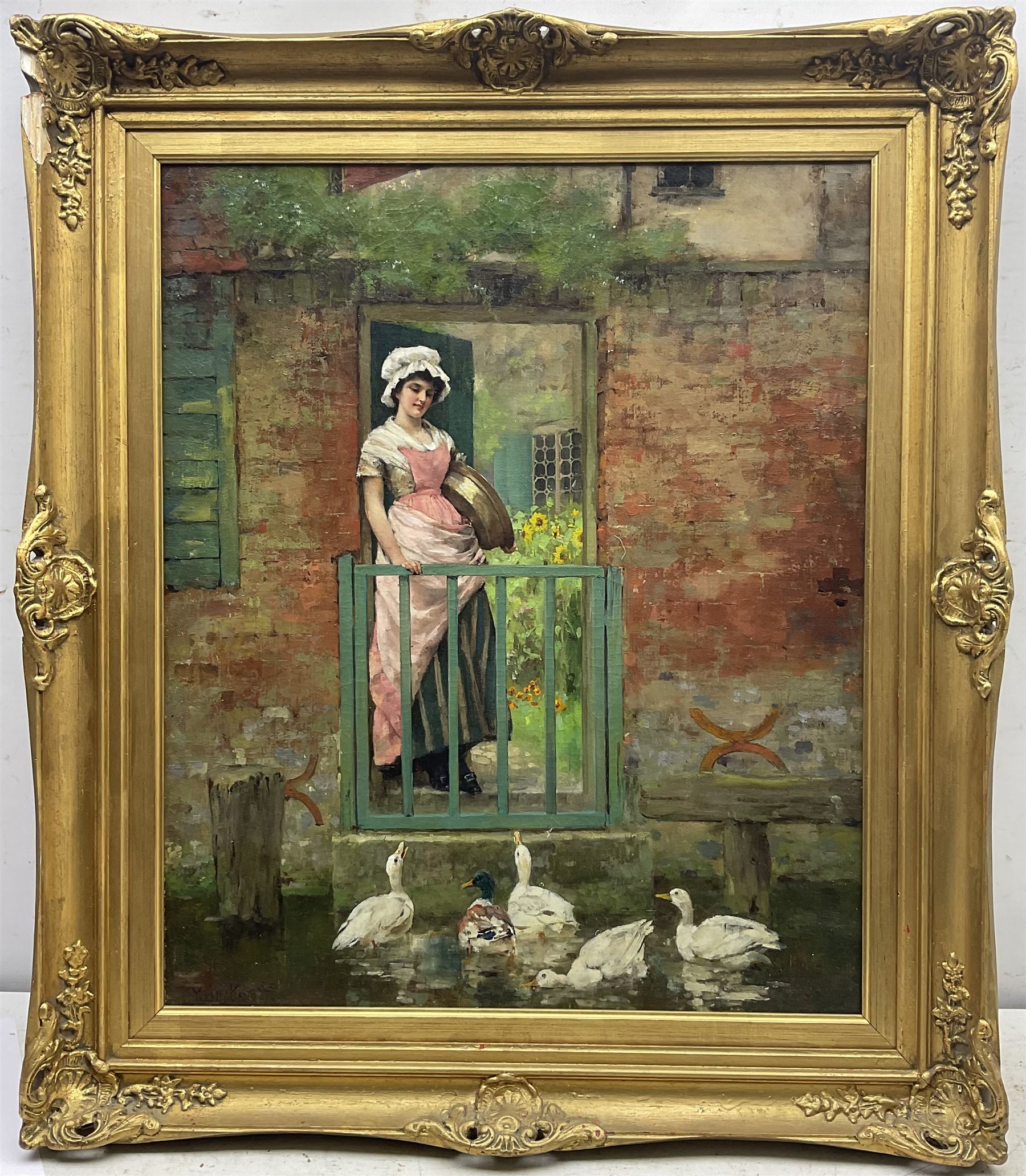 Henry John Yeend King (British 1855-1924): Young Lady Feeding Ducks, oil on canvas signed 60cm x 50cm 
Provenance: private collection, purchased James Alder Fine Art, Hexham