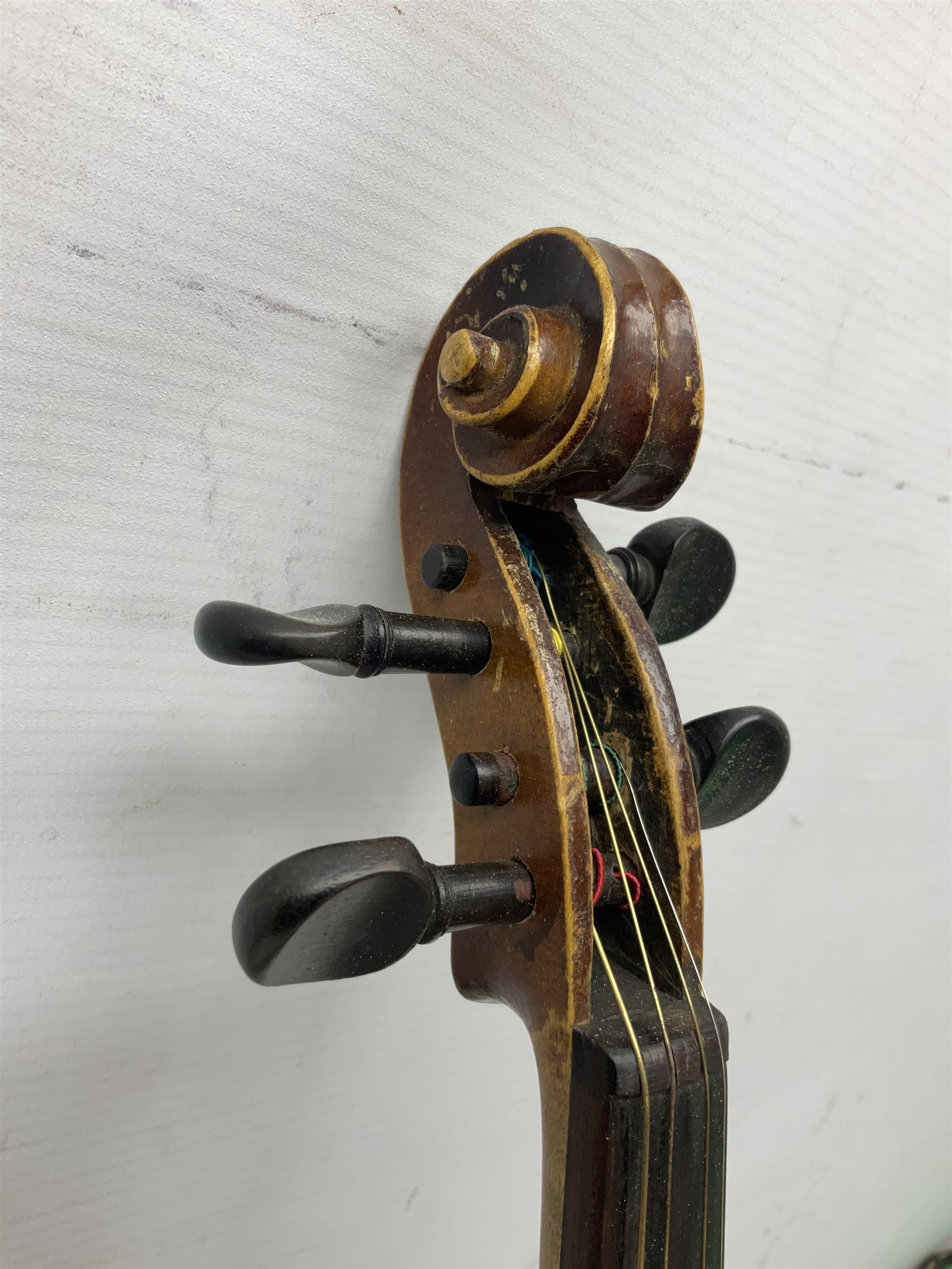 Two three-quarter size violins - German Saxony with 34cm one-piece maple back and ribs and spruce top; L56cm overall; and Hungarian with 34cm two-piece maple back and ribs and spruce top; L56cm overall; each in carrying case with bow (2)