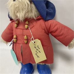 Gabrielle Designs Paddington Bear c.1981 with original labels, felt blue hat and red coat with blue rubber boots marked PB 1980  