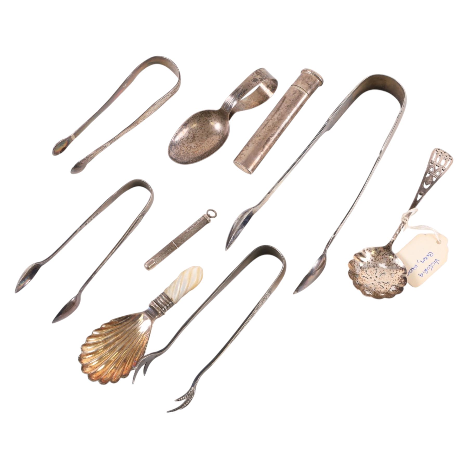 Silver cigar piercer, hallmarked together with silver medicine spoon, pencil case and other silver and three plated sugar tongs   