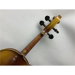 French violin for restoration with 36cm two-piece maple back and ribs and spruce top, bears label 'Lutherie Artistique M. Couturieux'; in wooden case; two modern three-quarter size violins in cases; and five violins for spares or repair