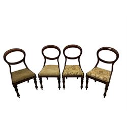 Set of four Victorian mahogany balloon back dining chairs, upholstered drop in seats
