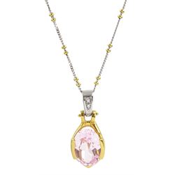 18ct white and yellow gold oval light pink sapphire and diamond pendant necklace, stamped 750, sapphire approx 6.80 carat
