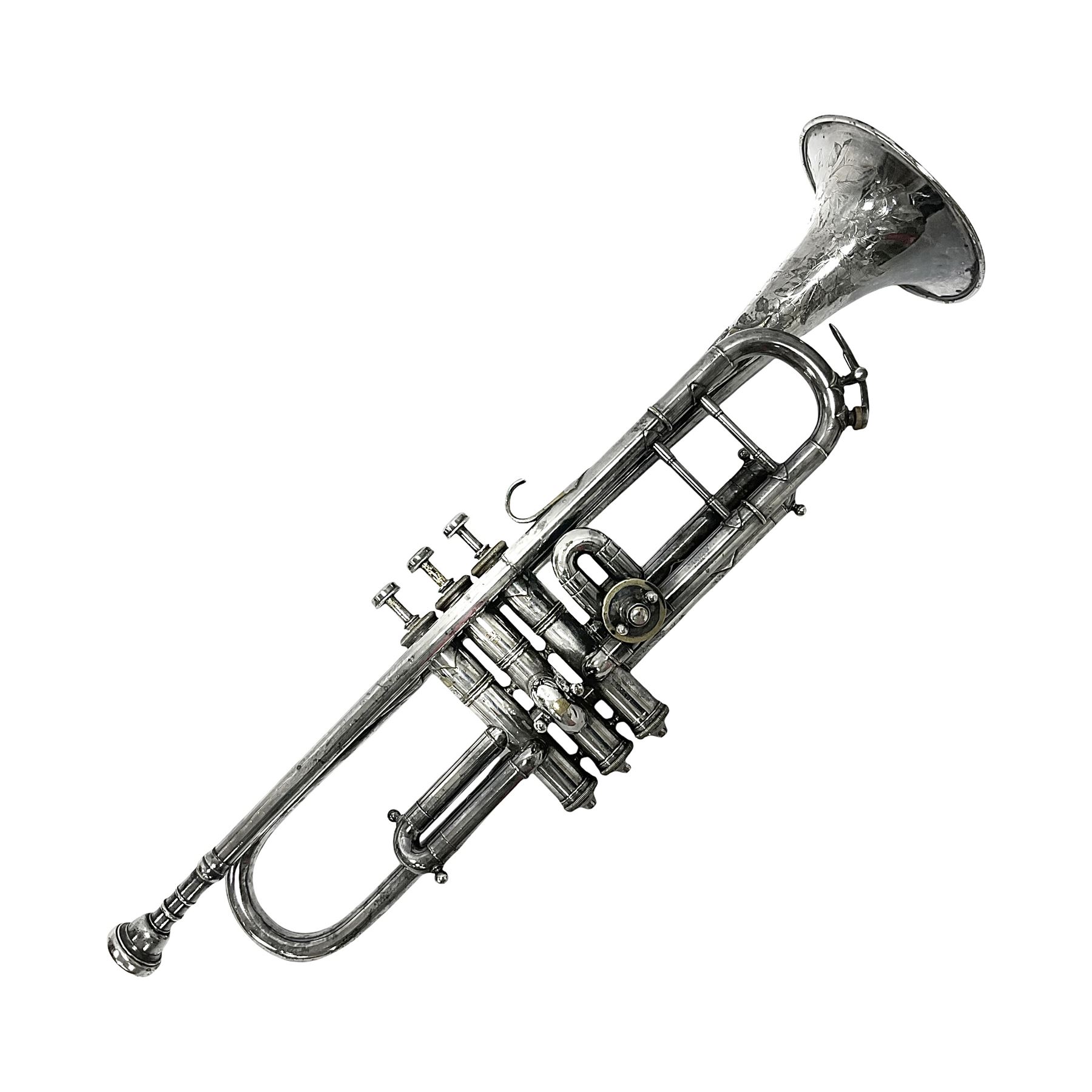 Victorian Class A silver plated trumpet retailed by Kitchen & Co,29 Queen Victoria Street Leeds, 1897 with mouthpiece/slide and in its original felt lined box
