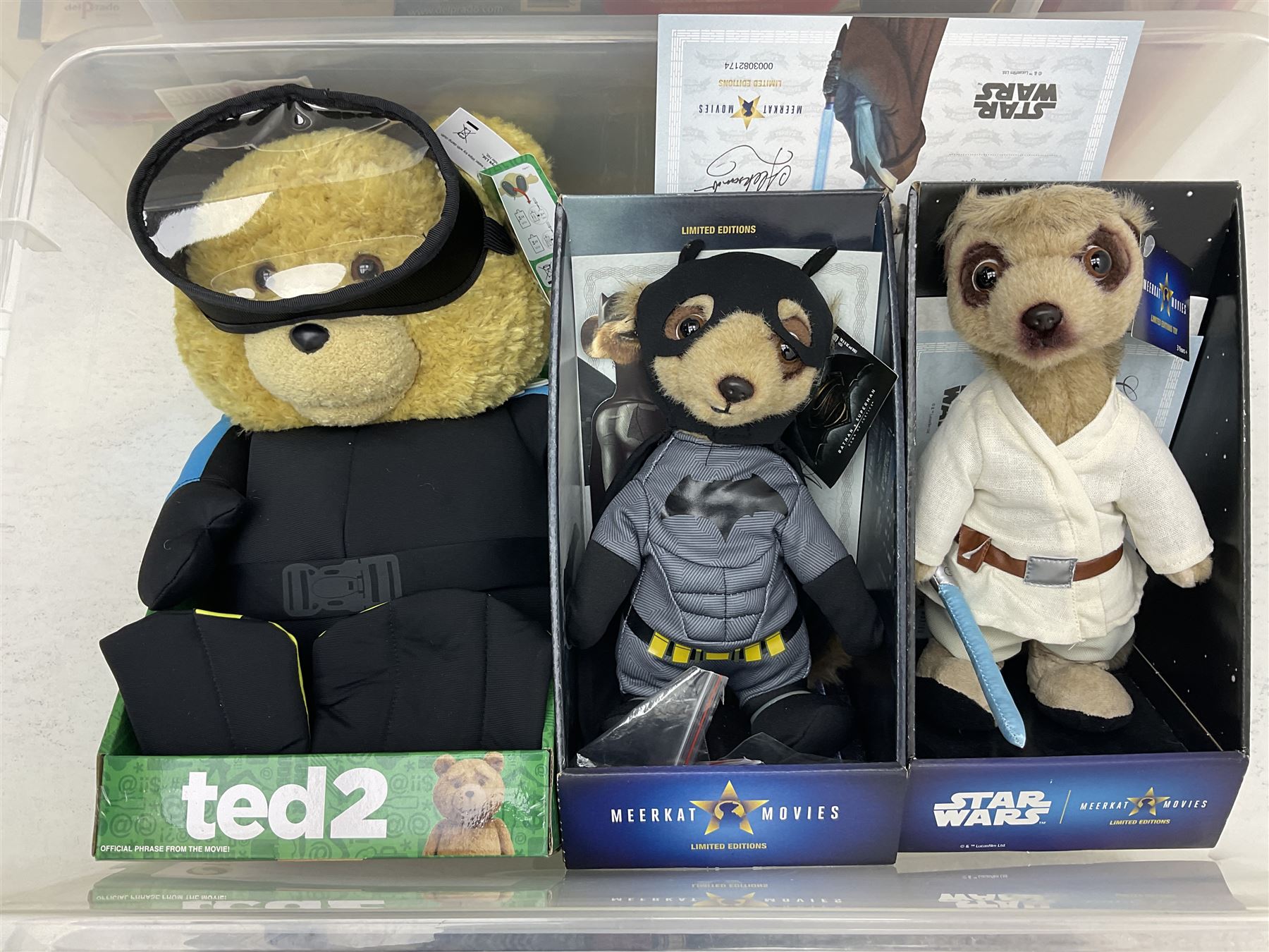 Two Compare the Meerkat meerkat dolls comprising Batman and Star Wars, Ted 2 stuffed doll, quantity of boxed bobble heads, and quantity of magazines with models to include Men At War, Fire Engines of the World etc in three boxes