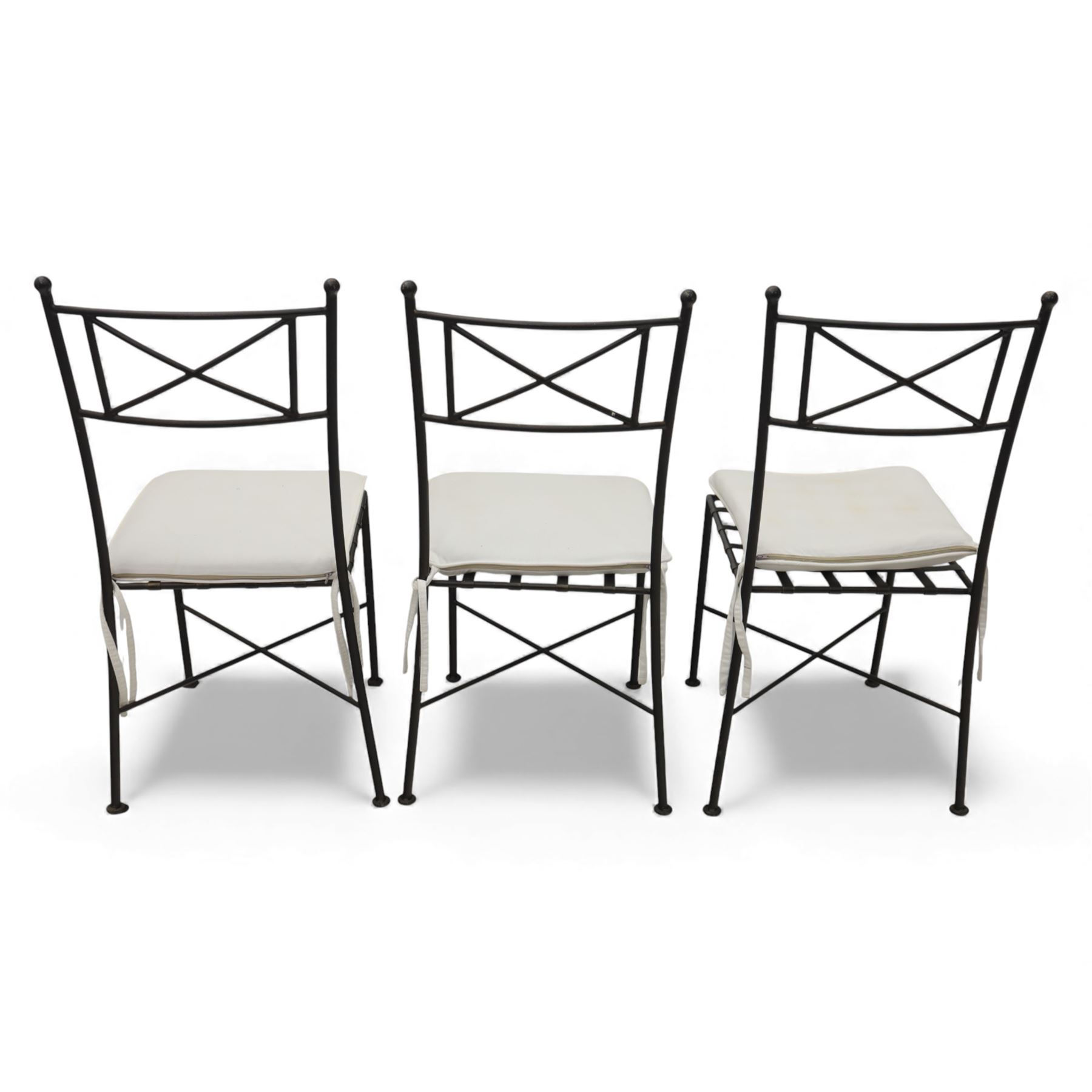 Modern metal and glass conservatory suite, comprising rectangular dining table with clear glass top and six matching metal framed chairs with upholstered seats, together with a matching glass topped coffee table
(Chairs H 92cm, W 42cm, Coffee table H 45cm, W 60cm)