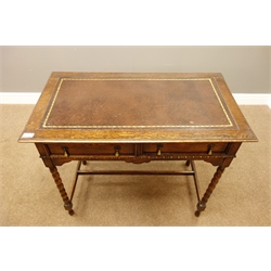  Early 20th century oak writing table, top inset with leather writing surface, two drawers, bobbin turned supports, W92cm, H75cm, D51cm  