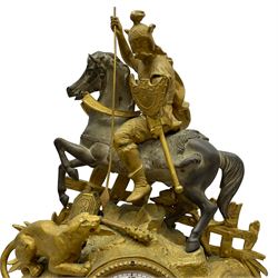 French - late 19th century 8-day gilt spelter mantle clock retailed by J Vassalli of Scarborough c1890, sculptured with an oriental 16th century representation a Mughal warrior slaying a leopard, raised on a profusely  decorated base with scroll work and splayed feet, white enamel dial with Roman numerals, minute track and steel hands, Parisian twin train countwheel striking movement, striking the hours and half-hours on a bell. With pendulum & Key.  