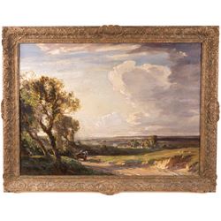 Arthur A Friedenson (Staithes Group 1872-1955): 'A Dorset Valley - Late Afternoon', oil on canvas signed and dated 1921, original title label verso 55cm x 75cm