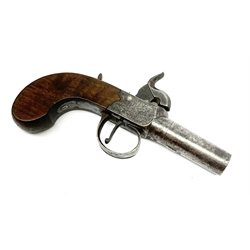 19th century English percussion box lock pocket pistol by Booth Huddersfield with (seized) turn-off barrel, engraved lock, walnut stock and thumb safety L16cm overall