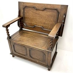Early 20th century oak monks bench, barley twist supports, single hinged lid