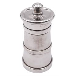 Modern silver pepper grinder, of tapering cylindrical form with central girdle, and engraved crest, hallmarked Laurence R Watson & Co, London 1998, H9cm