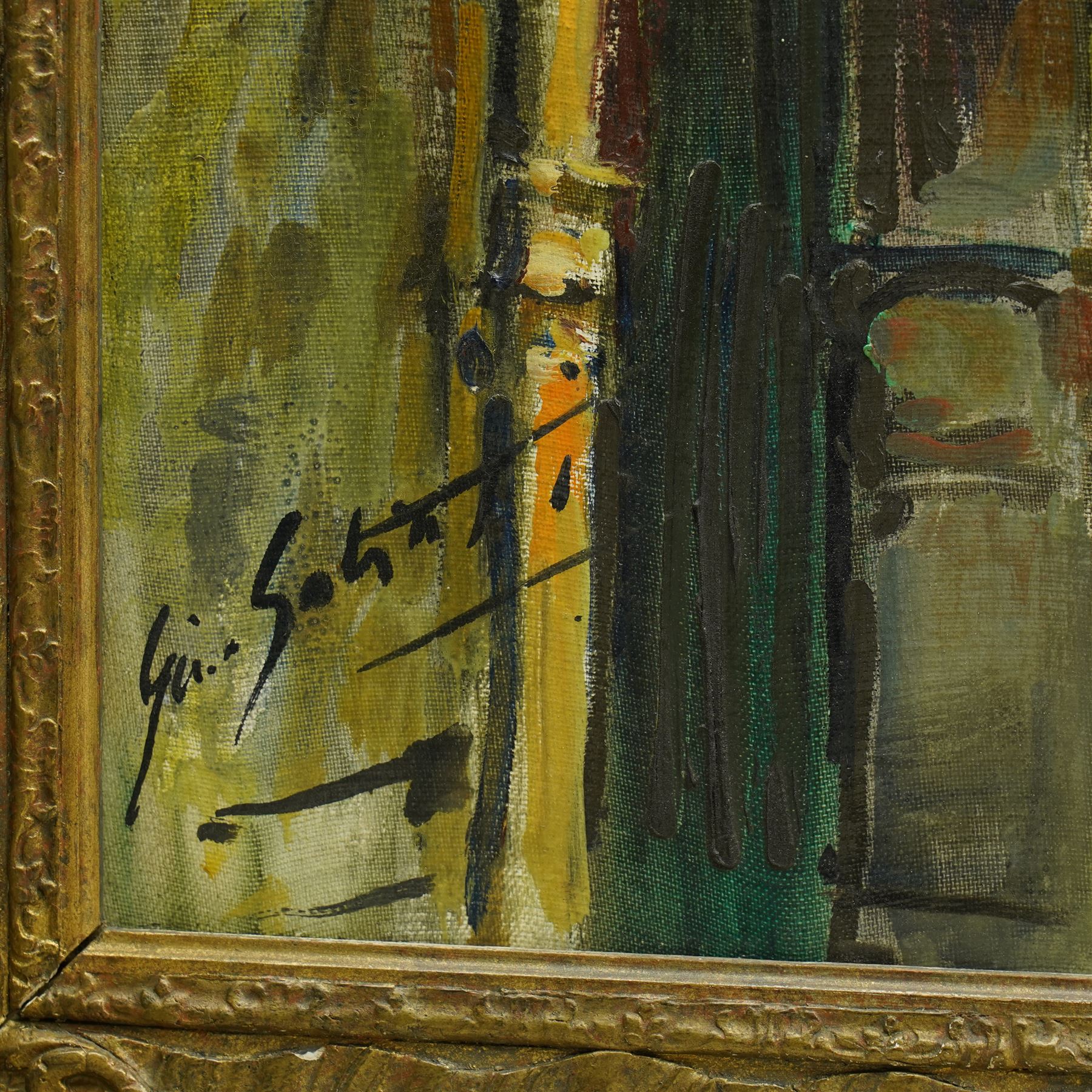 Italian Impressionist School (Mid-20th century): Venetian Canal Scene with Gondoliers, oil on board signed 58cm x 118cm