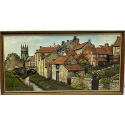 R Rosamond (Northern British 20th century): 'Staithes', acrylic on board signed 34cm x 44cm; JS Greaves (Northern British 20th century): 'Castlegate Helmsley', oil on board signed 29cm x 60cm; After Walter Dendy Sadler (British 1854-1923): Gentlemen with Pipes, engraving signed in pencil by artist and James Dobie 42cm x 58cm (3)