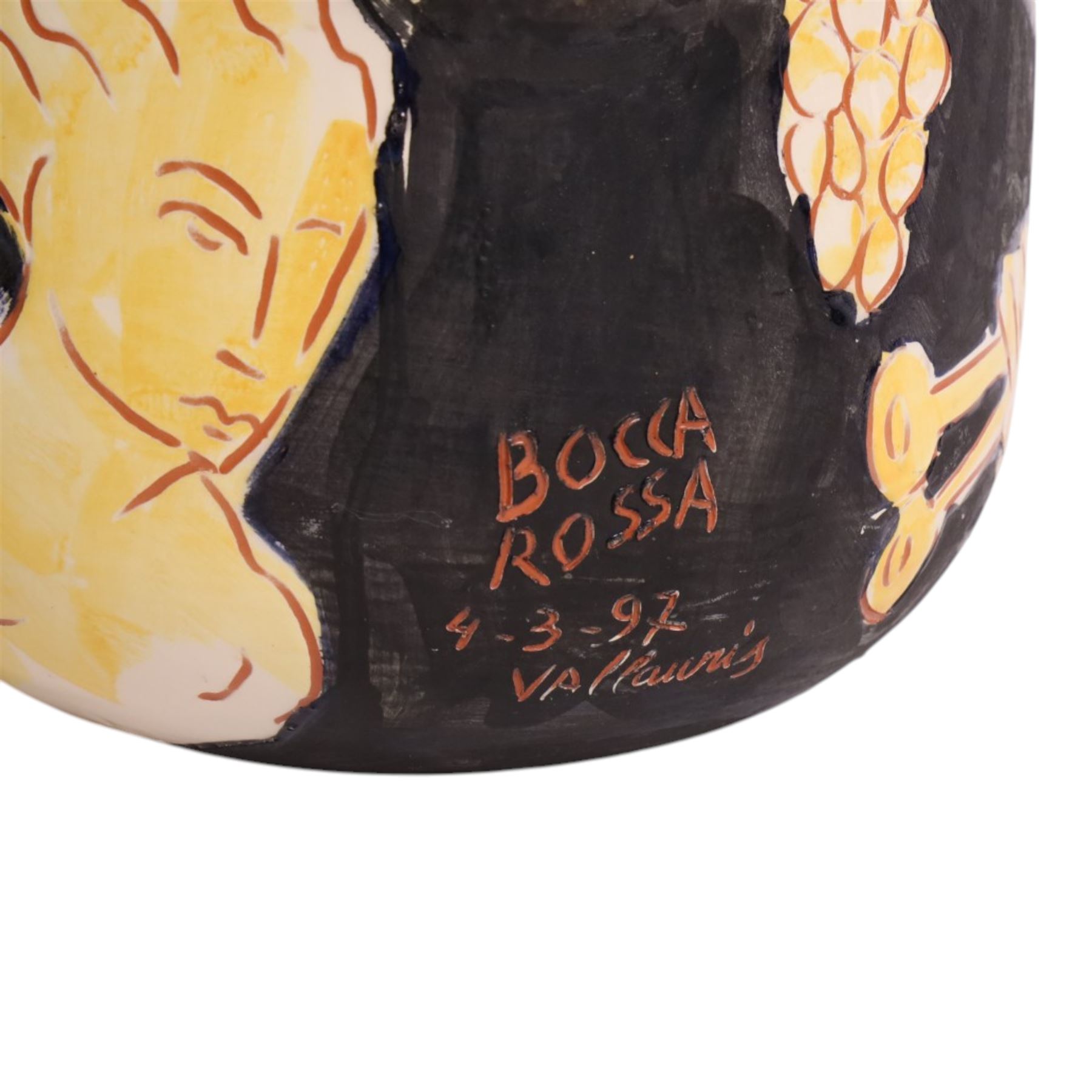 Vallauris French pottery by Patrick Bocca Rossa, twin handled jardinière decorated with figures, H25cm 