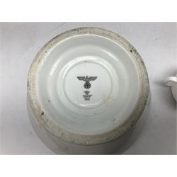 Thun WW2 German Luftwaffe officer's mess plain white glazed soup tureen with lion mask handles, marked with the Luftwaffe eagle beneath and dated 1939 L31cm; together with Waffen 'SS' white glazed twin handled soup bowl, marked beneath Bauscher Weiden 1942 (2)