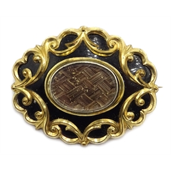 Victorian enamel and gold mourning brooch with plaited hair inset, inscribe verso 'Jane Piercy ob Dec 8th 1847 aged 25' 4cm diameter
