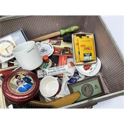 Ukelele, Westclox electric alarm  clock, vintage tins, National Rail hat, ceramics, boxed games, carved wood figures etc all housed in a suitcase