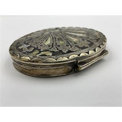18th century silver plated oval snuff box with tortoiseshell lid inlaid with silver and mother of pearl 