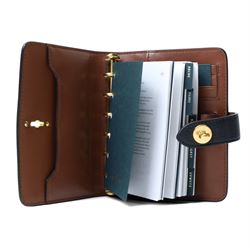 Mulberry - Postman’s Pocket Book, black small classic grain leather, with gold-tone Postman’s Lock fastening, six-ring binder and tan fitted interior with pen holder, with original Mulberry product tag