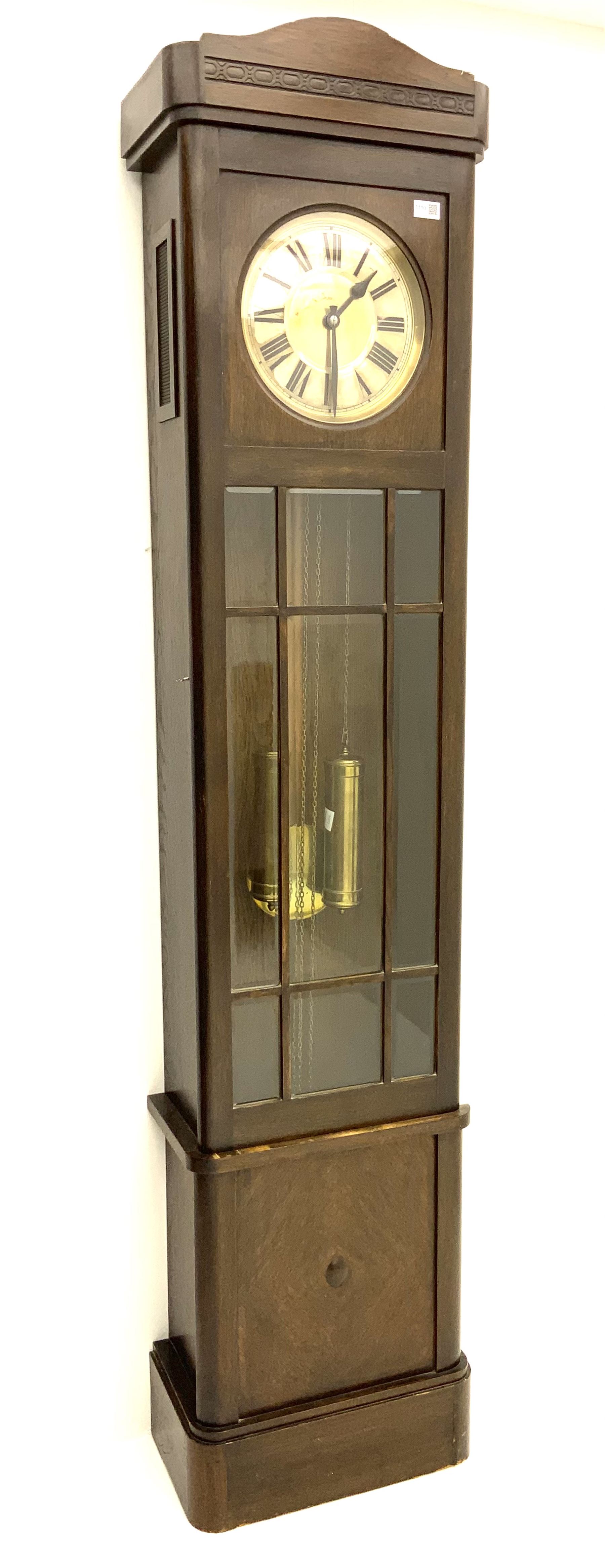 Early 20th century oak longcase clock, brass weight driven, bevelled glass viewing panes