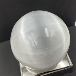 Selenite sphere, upon a square metal base, D13cm