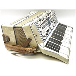 Italian Lambardi piano accordion in ivory coloured pearline case with jewelled decoration, twenty keys and one-hundred and twenty buttons L 37cm