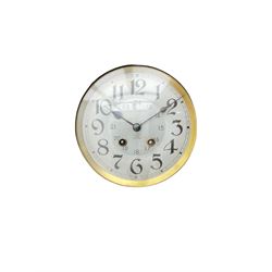 An early 20th century Art nouveau style wall clock with a French countwheel movement by Japy Freres, Paris, in an oak case with a shaped pediment, reeded mouldings and glazed panels, 7” silvered dial with a gilt slip and continental 24-hour Arabic numerals, minute track and steel spade hands, visible pendulum with a brass bob beneath, eight-day spring driven striking movement striking the hours and half-hours on a single gong rod. Movement and dial both stamped with the Japy Feres trademark.




