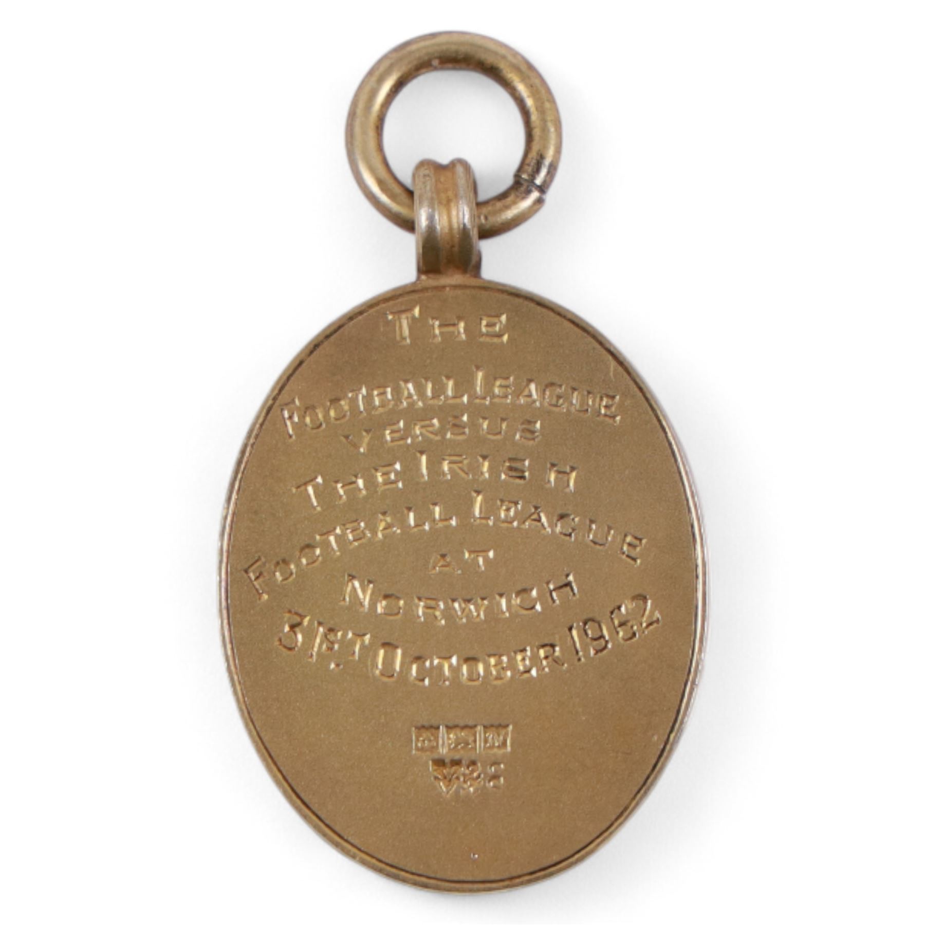 Football League Representative Match silver-gilt medal, inscribed verso 'The Football League versus The Irish Football League at Norwich 31st October 1962', awarded to Colin Appleton, hallmarked Vaughton & Sons, Birmingham 1962, in tooled leather box with matchday programme and embroidered badge