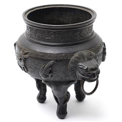 Early 19th century Chinese Qing Dynasty bronze censer, the body of globular form with circular neck and twin cast lion mask ring handles, decorated with applied figures of a monkey, deer and bird, against a key fret detailed ground, the whole upon three zoomorphic elephant feet, H16.4cm D12cm