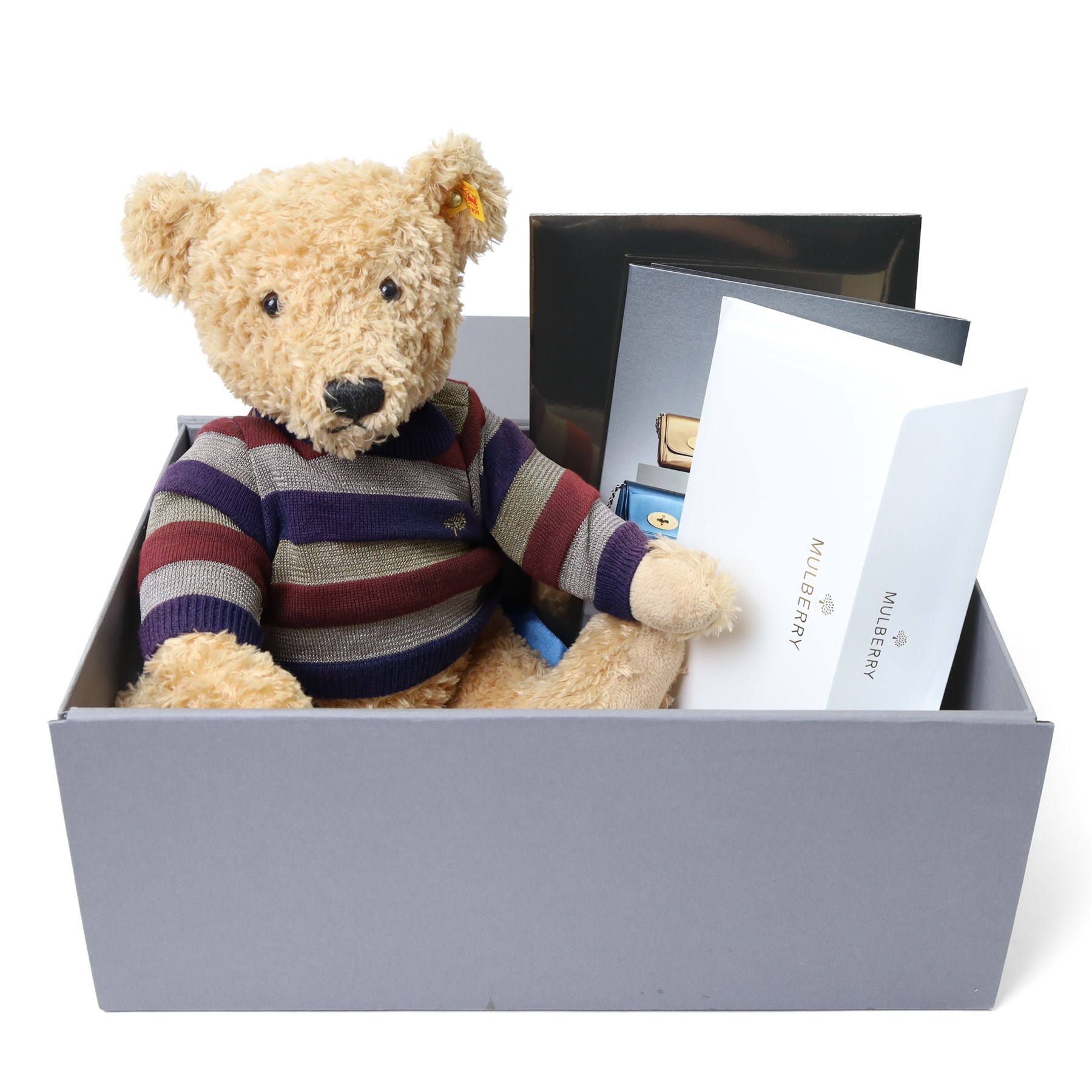 Steiff for Mulberry Teddy Bear, articulated bear wearing a striped Mulberry jumper, with original box