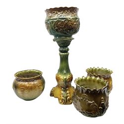 Green and brown majolica jardinière on stand, together with three other jardinieres of similar form, jardiniere on stand H84cm