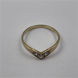 9ct gold three stone cubic zirconia wishbone ring, hallmarked 