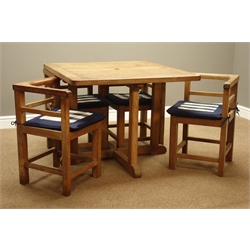  Teak square garden table (91cm x 91cm, H70cm), and four enclosed chairs with seat cushions   