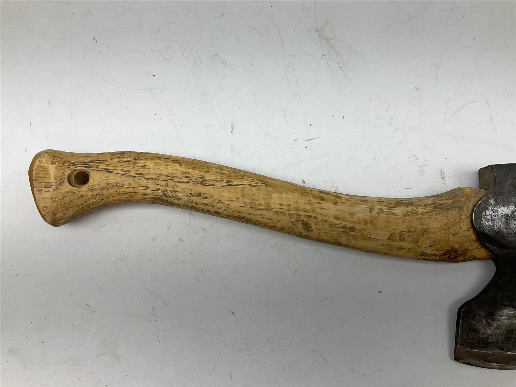 Gransfors Bruk Sweden carving axe, the head stamped both sides including smith's initials, on stamped hickory shaft, in leather sheath L43cm