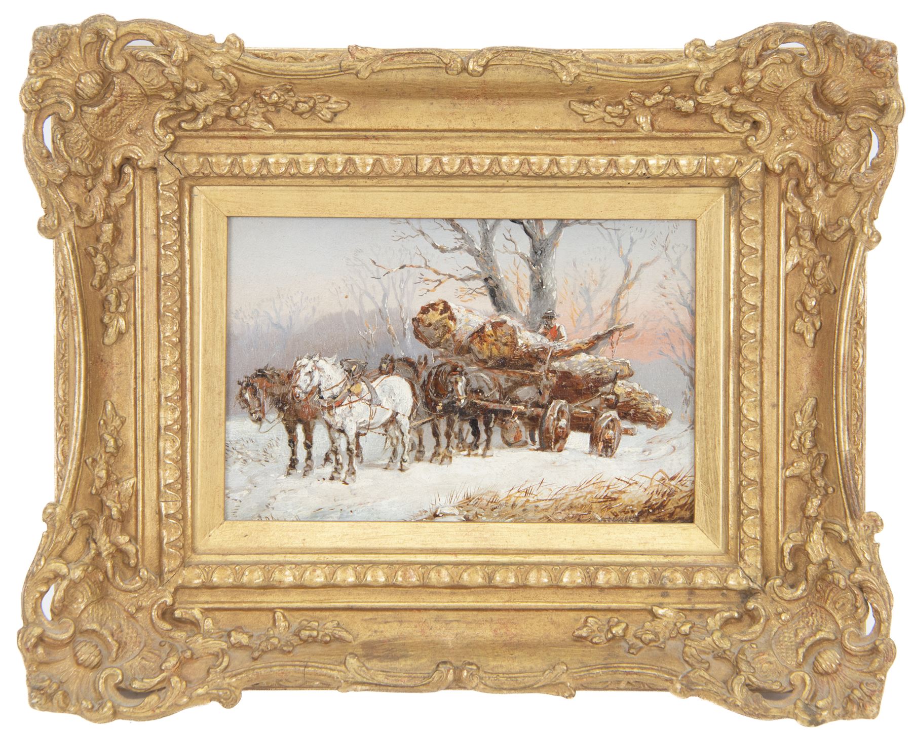 Harden Sidney Melville (British 1824-1894): The Logging Cart, two oils on panel signed, max 13.5cm x 24cm (2)