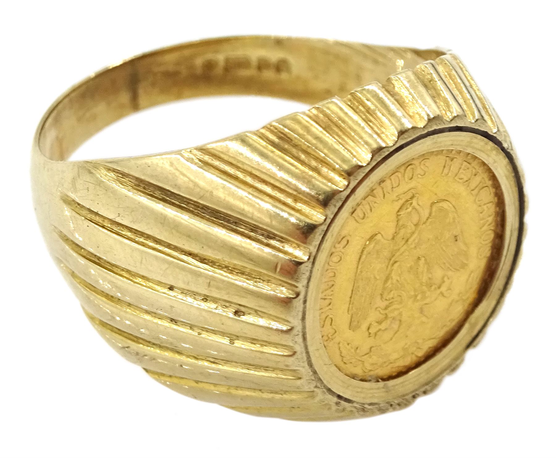 1945 gold Dos Pesos coin, loose mounted in 9ct gold ring, hallmarked