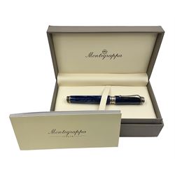 Montegrappa Emblema fountain pen, the blue pearl marbled barrel of octagonal form with silver mounts stamped 925 and silver mounted cap with 1912 emblem and clip with roller, in box, L13.5cm