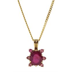 9ct gold ruby and pink stone pendant, on 18ct gold chain, both hallmarked