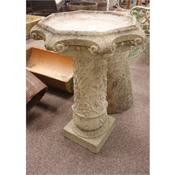  Composite stone hexagonal shallow bird bath on twist moulded and ivy berry foliage decorated pedestal on square base, H77cm  