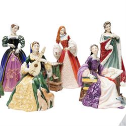 Six Royal Doulton figures, comprising Queens of the Realm Queen Anne HN3141 and Mary Queen of Scots HN3142, Lady Jane Grey HN3680, Margaret Tudor HN3838, Mary Tudor HN3834, Princess Elizabeth HN3682, together with three further Franklin Mint figures (9)